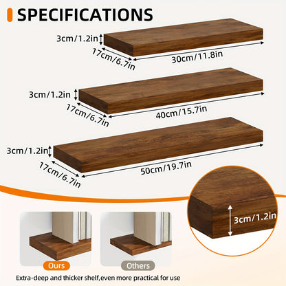 Floating Shelves Wall Mounted Wood – Set of 2, 4 or 6, 15.7” / 19.7” / 22”, Heavy Duty 30 lb Capacity, Wooden Wall Shelf for Living Room, Kitchen, Bathroom & Bedroom, Brown Black White Walnut Gray