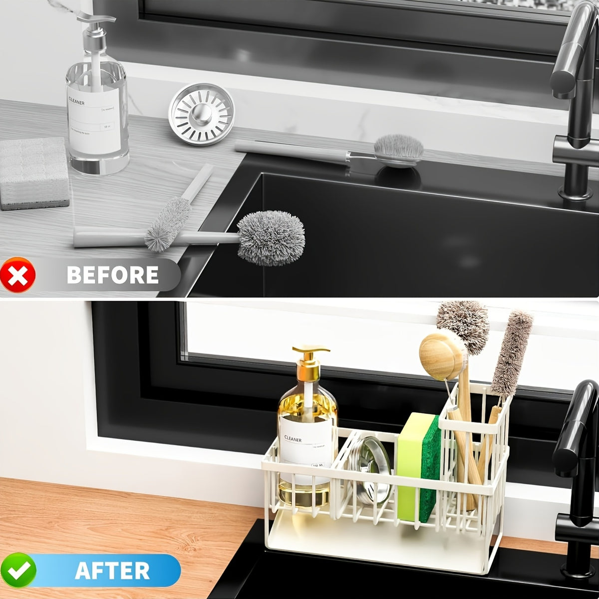 Kitchen Sink Organizer with Drain Tray - Heavy Duty 304 Stainless Steel Rust-Proof Sink Caddy, Sponge Holder, Brush Rack, Space-Saving Countertop Storage Basket for Kitchen Sink, Black
