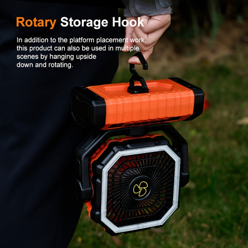 20000mAh Camping Fan with Built-In LED Light – USB Rechargeable Portable Outdoor Cooling Fan, Rugged Sturdy Handle for Tent Hiking Fishing, Compact Design, Green & Orange