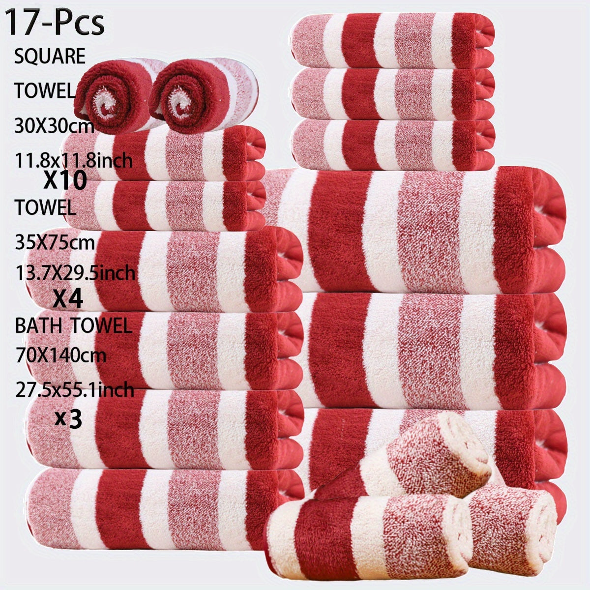 17 Pcs Bath Towel Set Quick-Dry Highly Absorbent Soft Coral Fleece Towels - Multi-Size Family Bathroom Towels with Hanging Loops for Home Hotel Spa, Plush & Durable, Navy Striped Design