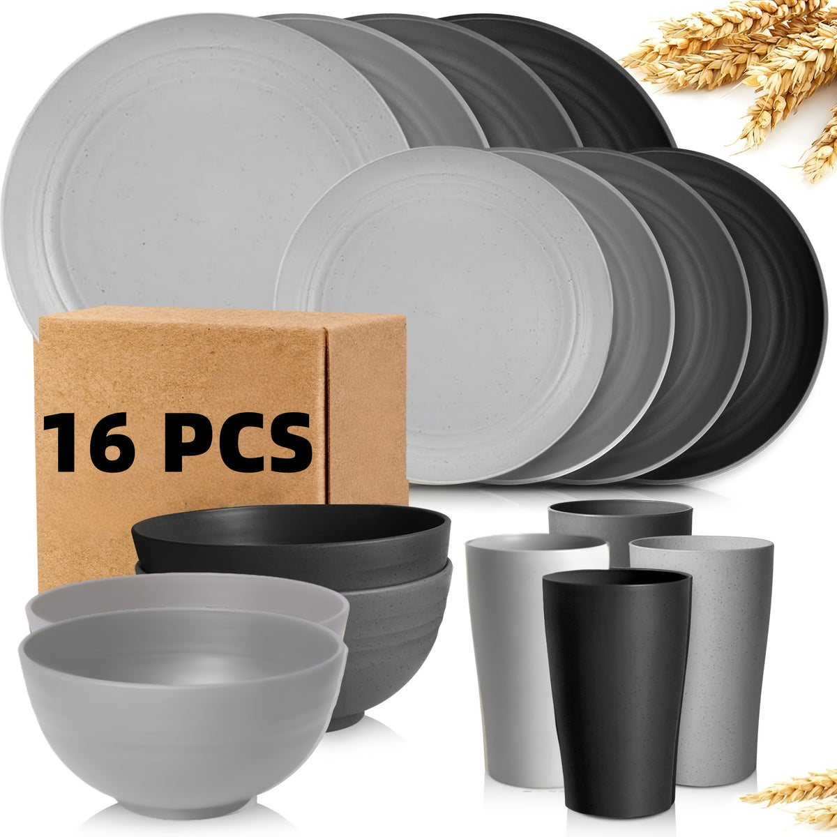 Wheat Straw Dish Set for 4 or 8 – 16 or 32 Piece Unbreakable Dinnerware Set with Dinner Plate, Dessert Plate, Cereal Bowl & Cup, Dishwasher Safe Lightweight Tableware for Camping, Everyday Use & Gifts