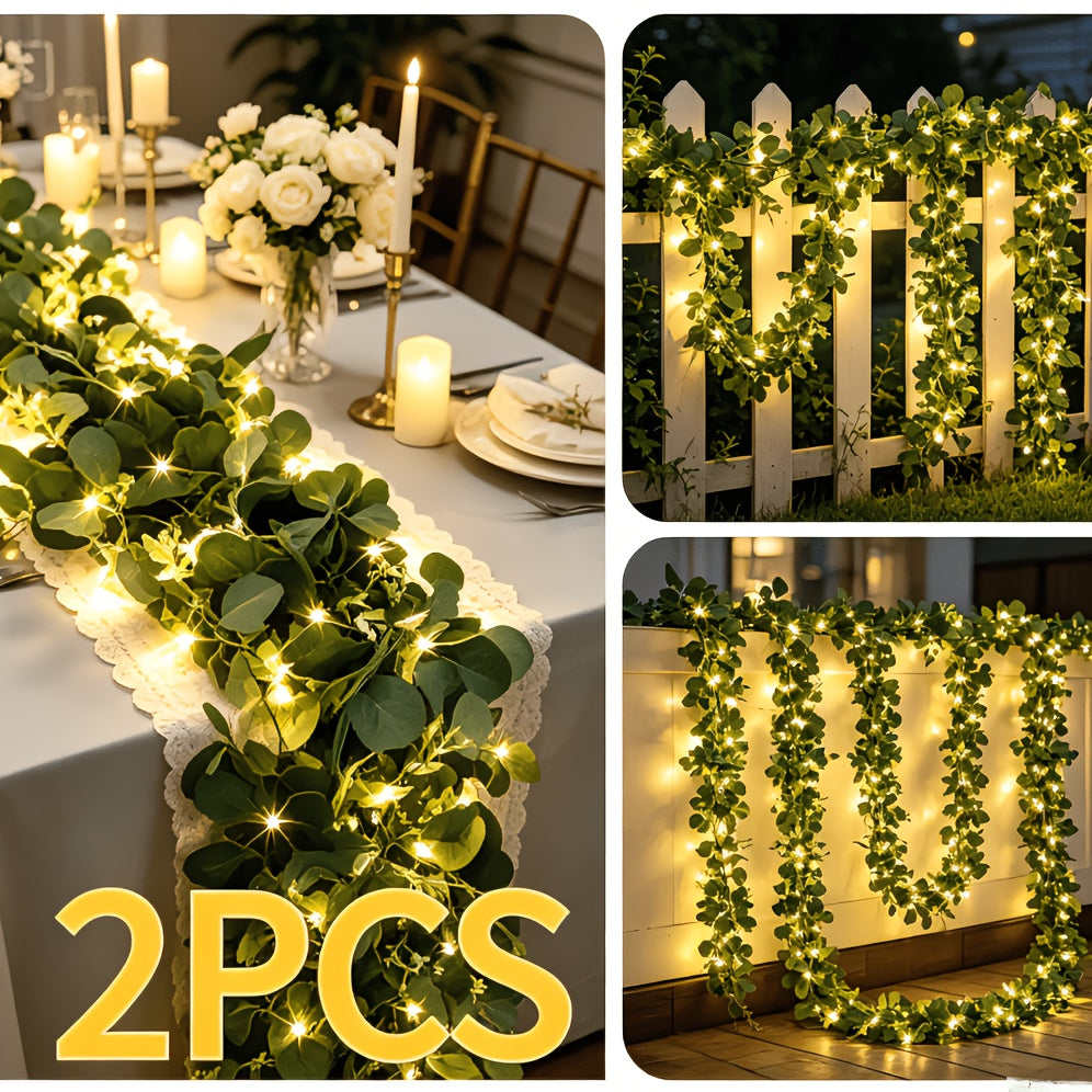Lighted Eucalyptus Wreath 2-Pack 6FT Artificial Green Vine with LED Lights - Faux Eucalyptus Garland for Table Runner Wedding Centerpiece Backdrop Wall Decor Party Home Decoration Warm White