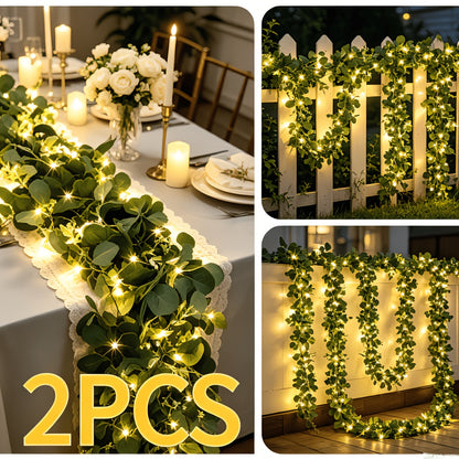 Lighted Eucalyptus Wreath 2-Pack 6FT Artificial Green Vine with LED Lights - Faux Eucalyptus Garland for Table Runner Wedding Centerpiece Backdrop Wall Decor Party Home Decoration Warm White