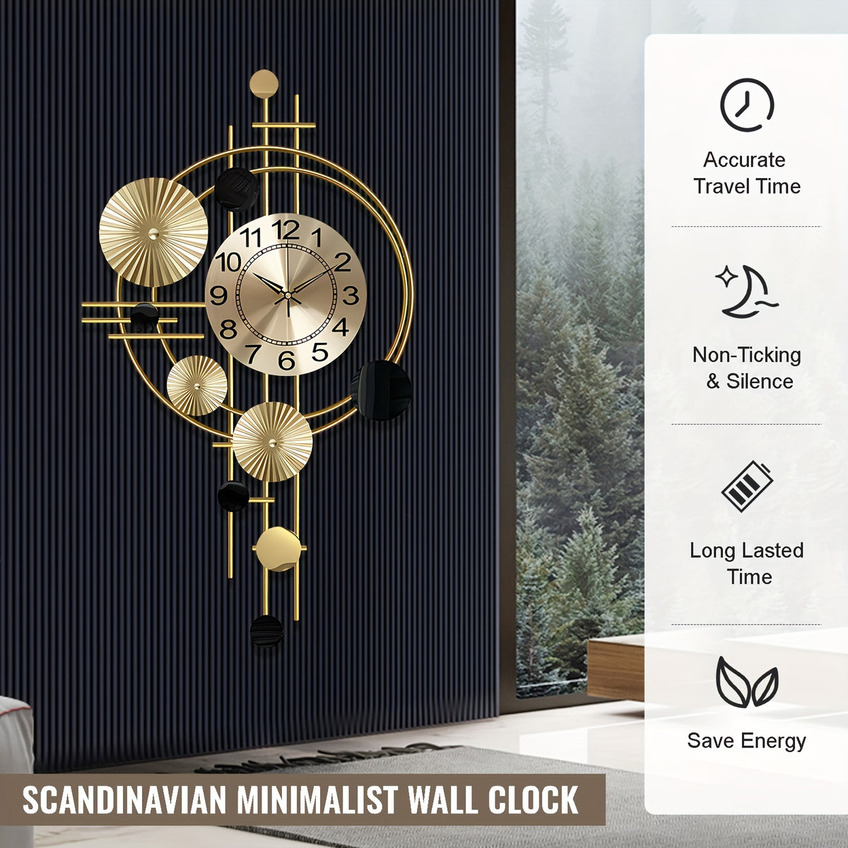 3D Metal Wall Clock for Living Room – Large 30.7x17.7 Inch Silent Non-Ticking Decorative Wall Art Clock, Modern Creative Big Wall Clock Decor for Bedroom Entryway Office, Golden Finish