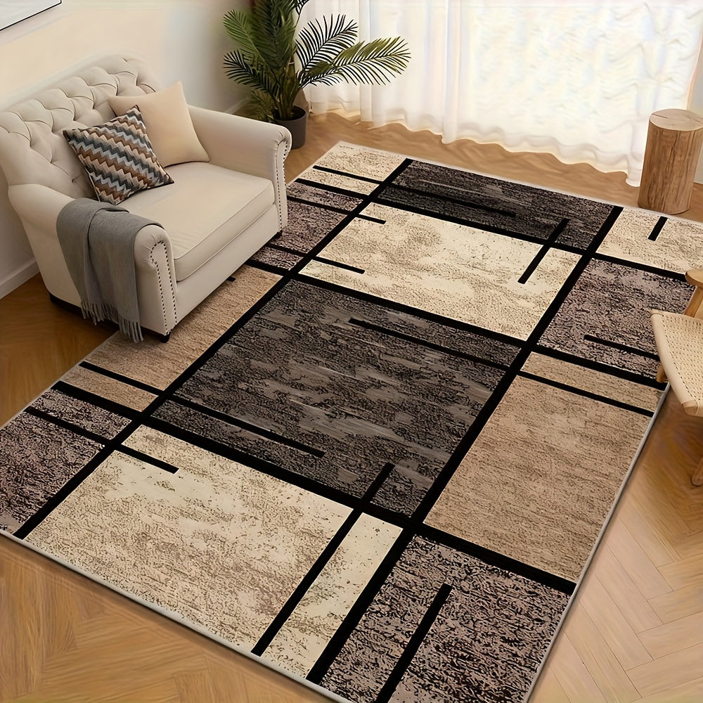 Velvet Area Rug Machine Washable – 850 GSM Thick Soft Fade-Resistant Polyester Carpet with Geometric Pattern for Living Room Bedroom Office, Lightweight Non-Slip Rectangle Mat, Beige Brown