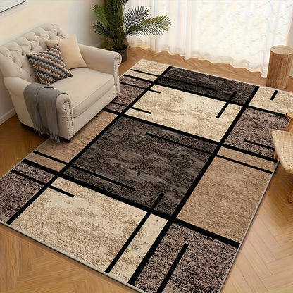 Velvet Area Rug Machine Washable – 850 GSM Thick Soft Fade-Resistant Polyester Carpet with Geometric Pattern for Living Room Bedroom Office, Lightweight Non-Slip Rectangle Mat, Beige Brown