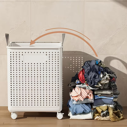 Foldable Laundry Basket with Wheels Large Capacity – Plastic Collapsible Wheeled Hamper for Bathroom, Balcony & Small Apartment, Portable Rolling Laundry Bin in Cream & White