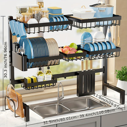 Over Sink Dish Drying Rack 3 Tier Adjustable Expandable - Stainless Steel Kitchen Organizer with Baskets, Utensil Holder, Knife & Cutting Board Holder - Space Saving Dish Drainer for Counter, Black