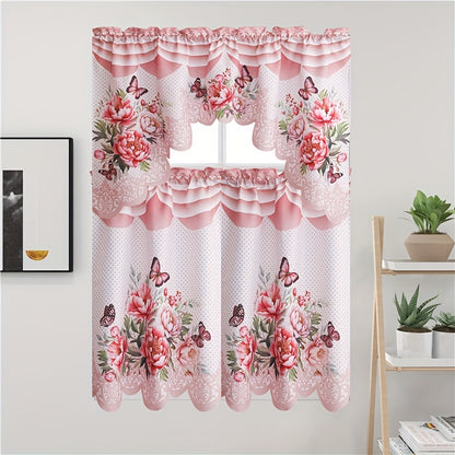 Butterfly Kitchen Curtains 3 Piece Set Floral Sheer Cafe Curtains for Kitchen, Bathroom, Living Room & Bedroom – Lightweight Polyester, 4 Colors, 58x36" + 36x29" Panels
