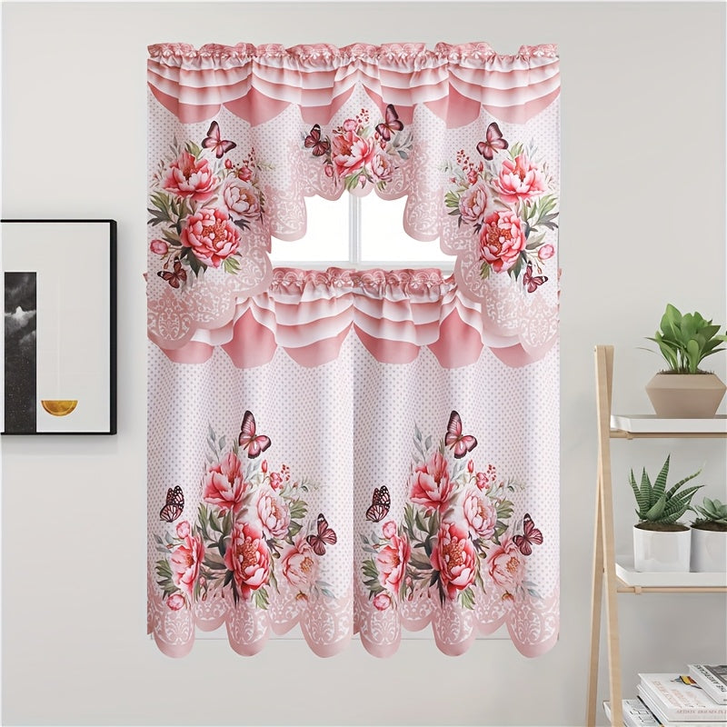 Butterfly Kitchen Curtains 3 Piece Set Floral Sheer Cafe Curtains for Kitchen, Bathroom, Living Room & Bedroom – Lightweight Polyester, 4 Colors, 58x36" + 36x29" Panels