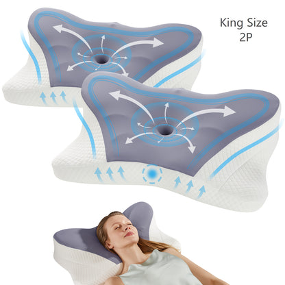 Cervical Neck Pillow Memory Foam Ergonomic Contour for Side Back Stomach Sleepers - Orthopedic Neck Support with Cooling Pillowcase, Grey White King Standard 2-Pack