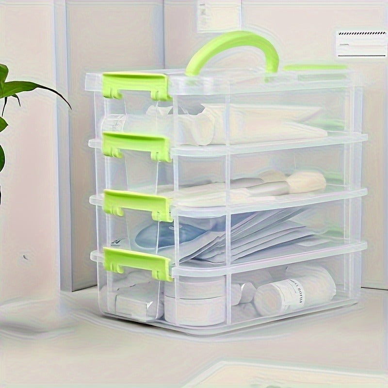 Stackable Transparent Storage Box with Lid & Handle, 4-Layer Compartment Drawer Organizer for Hair Accessories Jewelry Stationery, Clear Plastic Desktop Organizer for Home Office