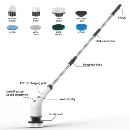 Electric Cleaning Brush with Telescopic Long Handle – 7-in-1 Multifunctional Spin Scrubber for Bathroom Tile Floor Kitchen Tub & Grout Cordless Power Scrubber Household Cleaning Tool
