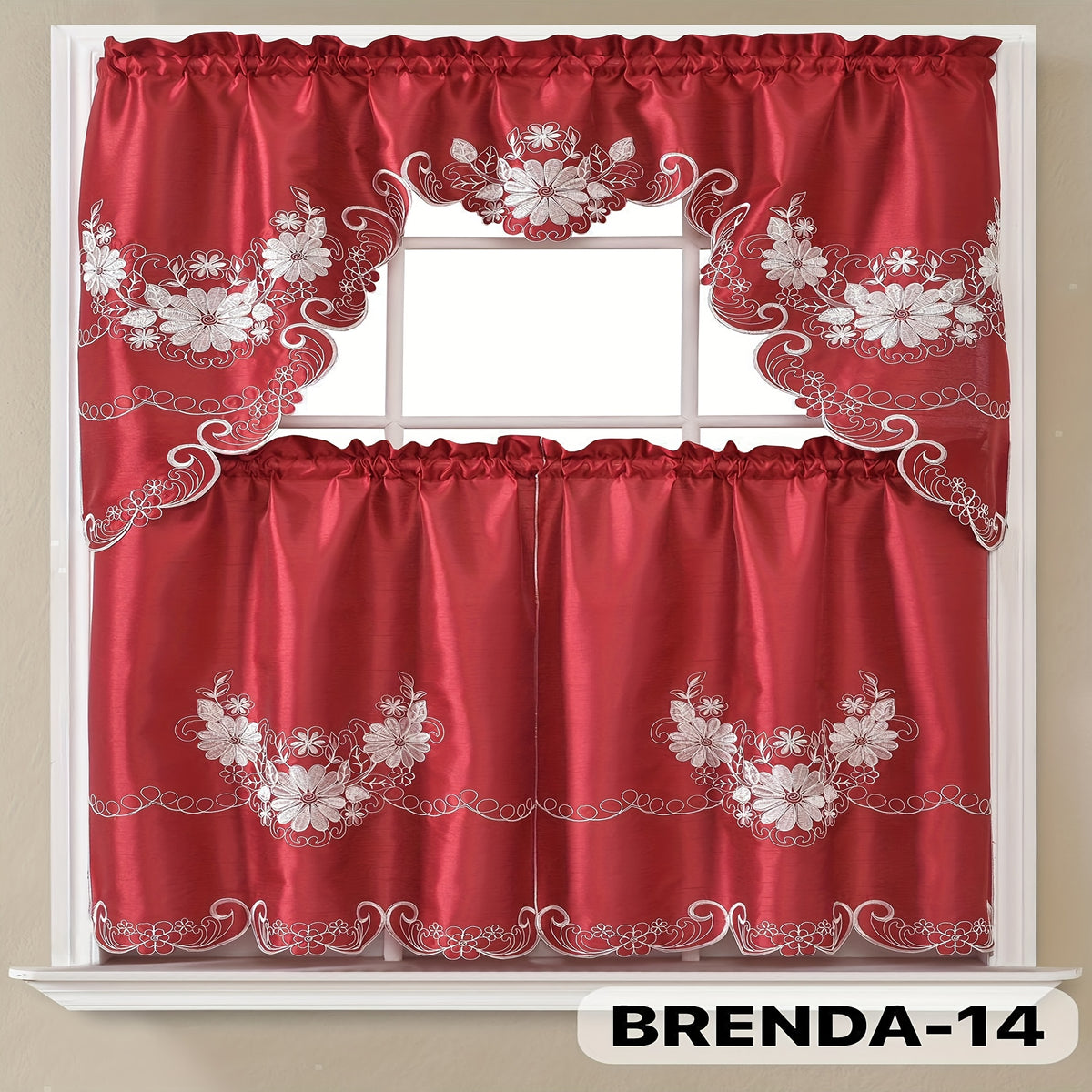 Kitchen Curtains Set 3 Piece with Embroidery – Satin Fabric Valance and Tier Curtains for Kitchen Windows, 49 Colors, Light Filtering, Rod Pocket, Machine Washable