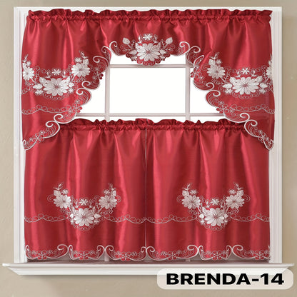 Kitchen Curtains Set 3 Piece with Embroidery – Satin Fabric Valance and Tier Curtains for Kitchen Windows, 49 Colors, Light Filtering, Rod Pocket, Machine Washable