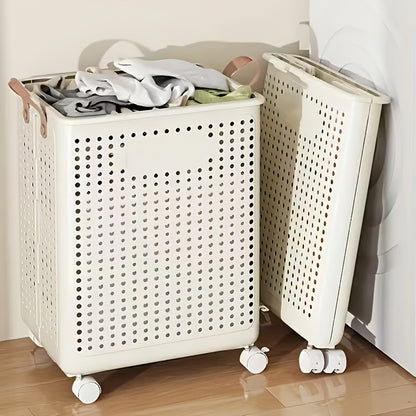 Foldable Laundry Basket with Wheels Large Capacity – Plastic Collapsible Wheeled Hamper for Bathroom, Balcony & Small Apartment, Portable Rolling Laundry Bin in Cream & White