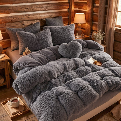 Fluffy Duvet Cover Set 4 Piece Queen King, Soft Plush Comforter Cover with 2 Pillow Shams All Season Cozy Bedding Set No Insert, in Purple Red Pink Gray Yellow Blue Beige Black