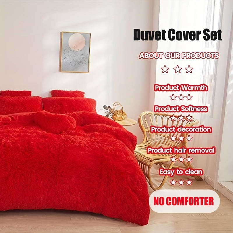 Fluffy Duvet Cover Set 4 Piece Queen King, Soft Plush Comforter Cover with 2 Pillow Shams All Season Cozy Bedding Set No Insert, in Purple Red Pink Gray Yellow Blue Beige Black