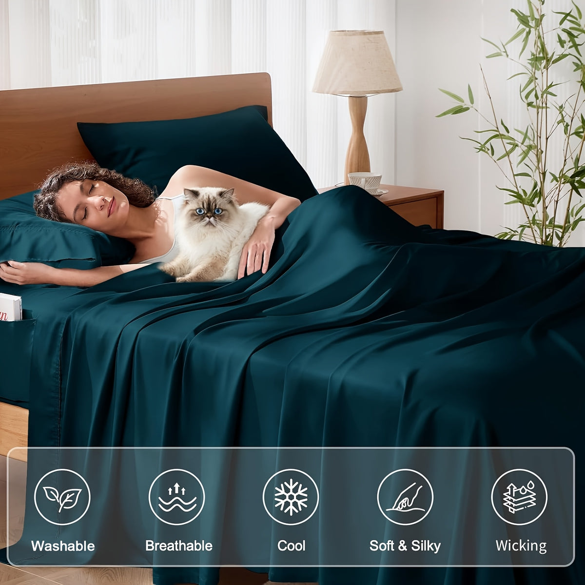 Bamboo Cooling Bed Sheets 4 Piece Set – Extra Deep Pocket Fitted Sheet, Flat Sheet & Pillowcases for Hot Sleepers | Breathable Soft Bedding | Twin Full Queen King | 12 Colors