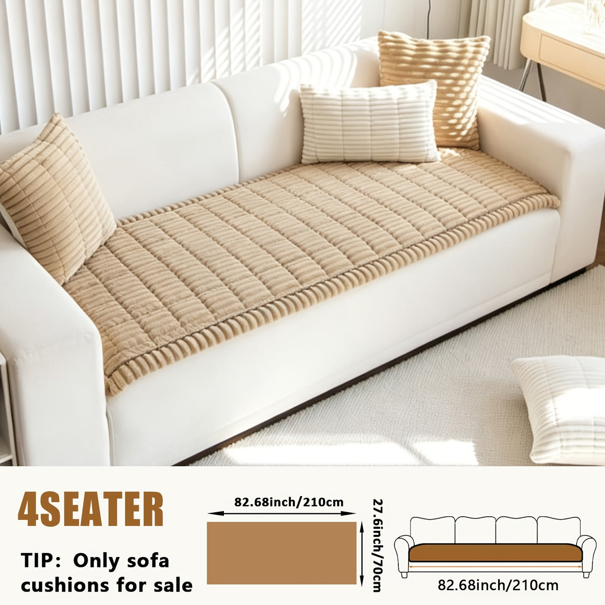 Sofa Cover Plush Velvet - Washable Stretch Couch Cover with Wavy Edge, Soft Shu Velveteen Sofa Protector for 1 2 3 4 Seater, Easy Install Furniture Cover in White Khaki Gray
