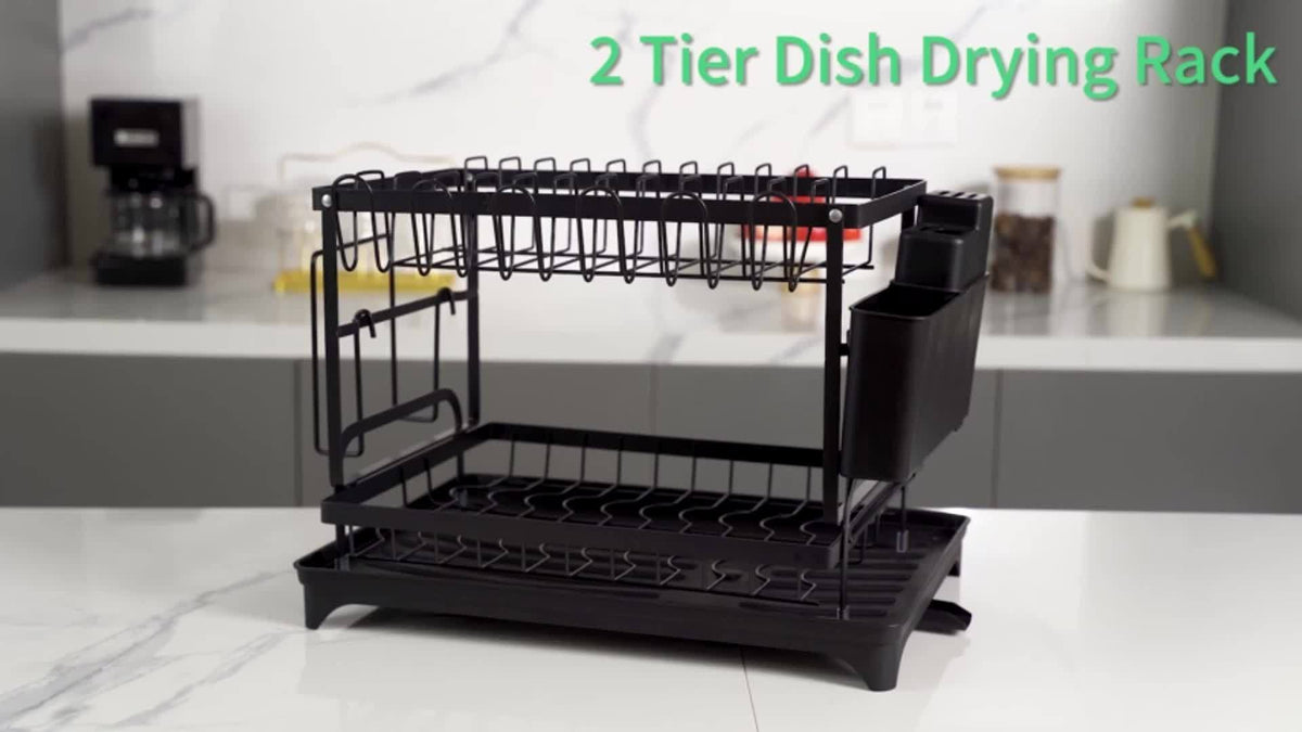 2 Tier Dish Drying Rack with Drainboard – Metal Kitchen Counter Dish Drainer Rack with Drain Tray, Large Capacity Drying Rack for Dishes Cups Utensils, Black White Gray