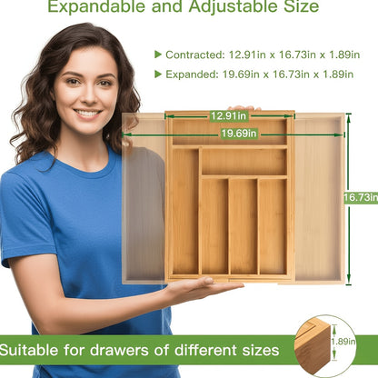 Bamboo Expandable Drawer Organizer with 6-8 Adjustable Compartments – Wooden Cutlery Tray Divider for Kitchen Silverware, Utensils, Knives, Jewelry & Office Supplies in Bedroom or Living Room