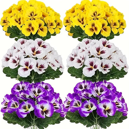 Artificial Pansy Flowers 6 Bunches Realistic Plastic Blooms for Indoor Outdoor Home Garden Decor, Weather-Resistant Faux Flowers Yellow Purple White Colorful Display, Low Maintenance Floral Arrangement