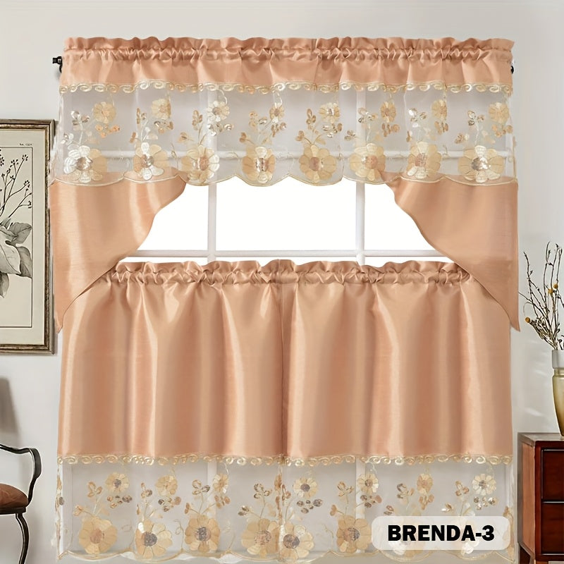 Kitchen Curtains Set 3 Piece with Embroidery – Satin Fabric Valance and Tier Curtains for Kitchen Windows, 49 Colors, Light Filtering, Rod Pocket, Machine Washable