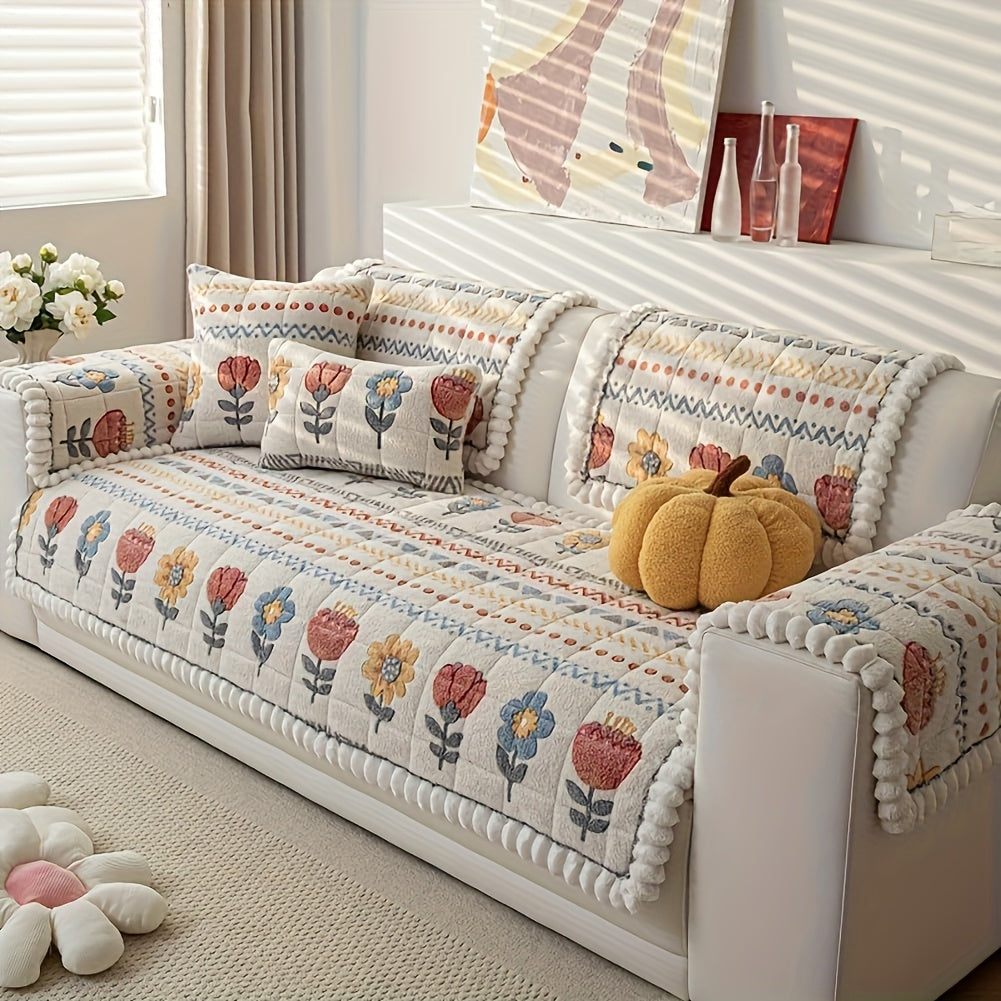 Bohemian Floral Plush Sofa Cover Thick Milk Fleece Couch Protector for 2 3 4 Seater Machine Washable Quilted Sofa Slipcover with Decorative Pillow Covers Warm Cozy Living Room Sofa Accessory White