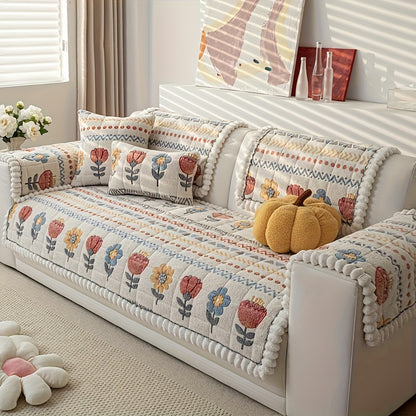 Bohemian Floral Plush Sofa Cover Thick Milk Fleece Couch Protector for 2 3 4 Seater Machine Washable Quilted Sofa Slipcover with Decorative Pillow Covers Warm Cozy Living Room Sofa Accessory White