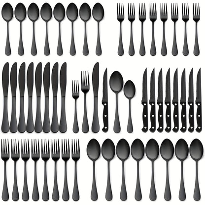 Silverware Set 48 Piece with Steak Knives Service for 8 – Stainless Steel Flatware Cutlery Set, Mirror Finish, Dishwasher Safe | Silver & Black Utensils for Home Kitchen Dining