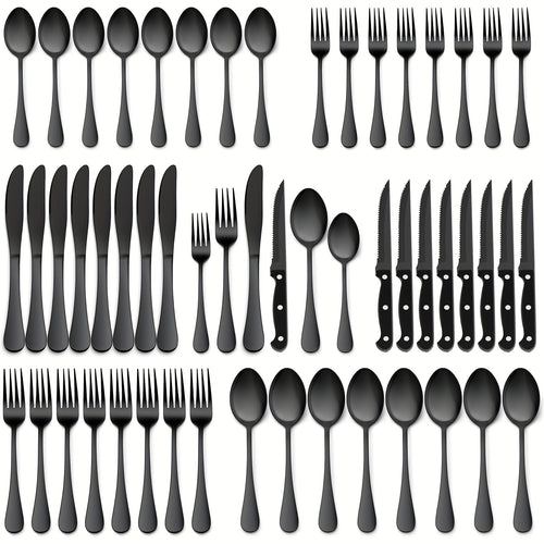 Silverware Set 48 Piece with Steak Knives Service for 8 – Stainless Steel Flatware Cutlery Set, Mirror Finish, Dishwasher Safe | Silver & Black Utensils for Home Kitchen Dining