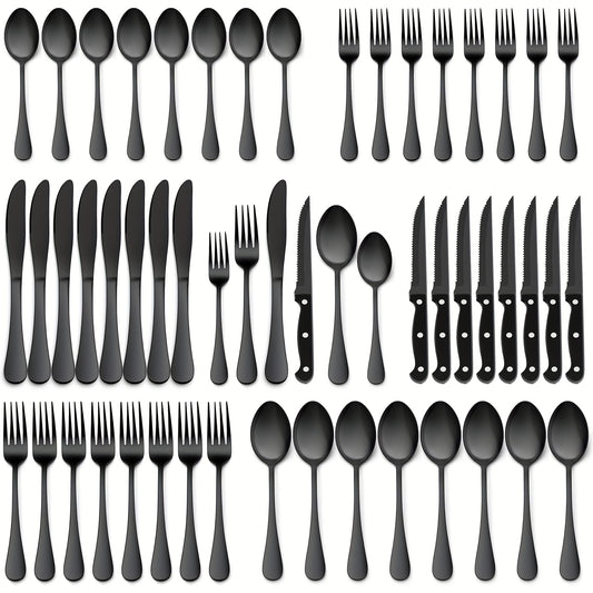 Silverware Set 48 Piece with Steak Knives Service for 8 – Stainless Steel Flatware Cutlery Set, Mirror Finish, Dishwasher Safe | Silver & Black Utensils for Home Kitchen Dining