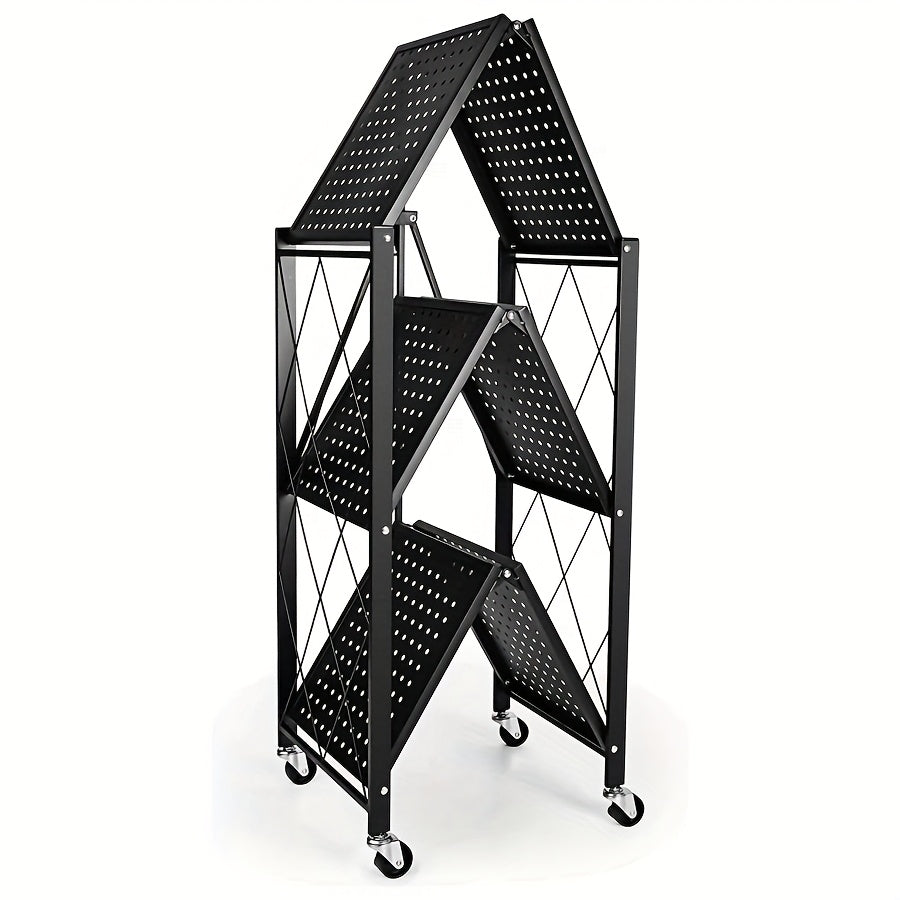 3-Tier Rolling Storage Rack with Wheels | Heavy-Duty Foldable Shelving Unit for Garage & Kitchen | Black Iron Utility Cart, Multi-Purpose Organization