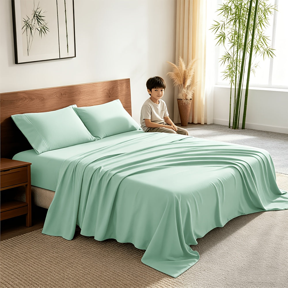 Bamboo Cooling Sheet Set 4-Piece – Cooling Bamboo Fiber Fitted Sheet, Flat Sheet & 2 Pillowcases for Hot Sleepers, Extra Deep Pocket, Twin Full Queen King, 17 Colors