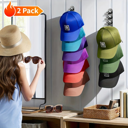 Hat Rack for Baseball Caps Wall Mounted 2 Pack – Multilayer Adhesive or Drill Mount Hat Organizer Holds Up to 20 Hats, Durable Plastic Hat Hooks for Closet Door Bedroom Wall, Black or White Hat Storage