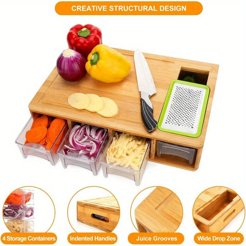 Bamboo Cutting Board with Trays and Drawers, Large Chopping Board with Food Sliding Opening and Stackable Airtight Containers for Food Storage Transport and Cleanup, Kitchen Gift for Home Cooks
