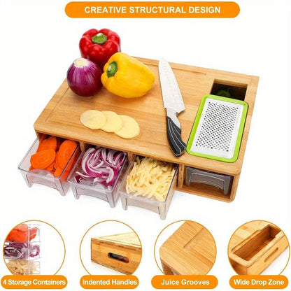 Bamboo Cutting Board with Trays and Drawers, Large Chopping Board with Food Sliding Opening and Stackable Airtight Containers for Food Storage Transport and Cleanup, Kitchen Gift for Home Cooks