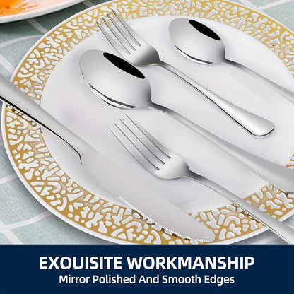 Stainless Steel Silverware Set Flatware Set with Forks Spoons Knives - Mirror Polished Cutlery Set Service for 4, 6 or 12 - Modern Dishwasher Safe Flatware for Kitchen, Dining, Party, Restaurant