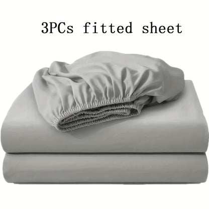 Soft Fitted Bed Sheet Set 3-Piece with 2 Pillowcases – Solid Color Layered Fitted Sheet for Bedroom Guest Room Hotel Mattress Protection
