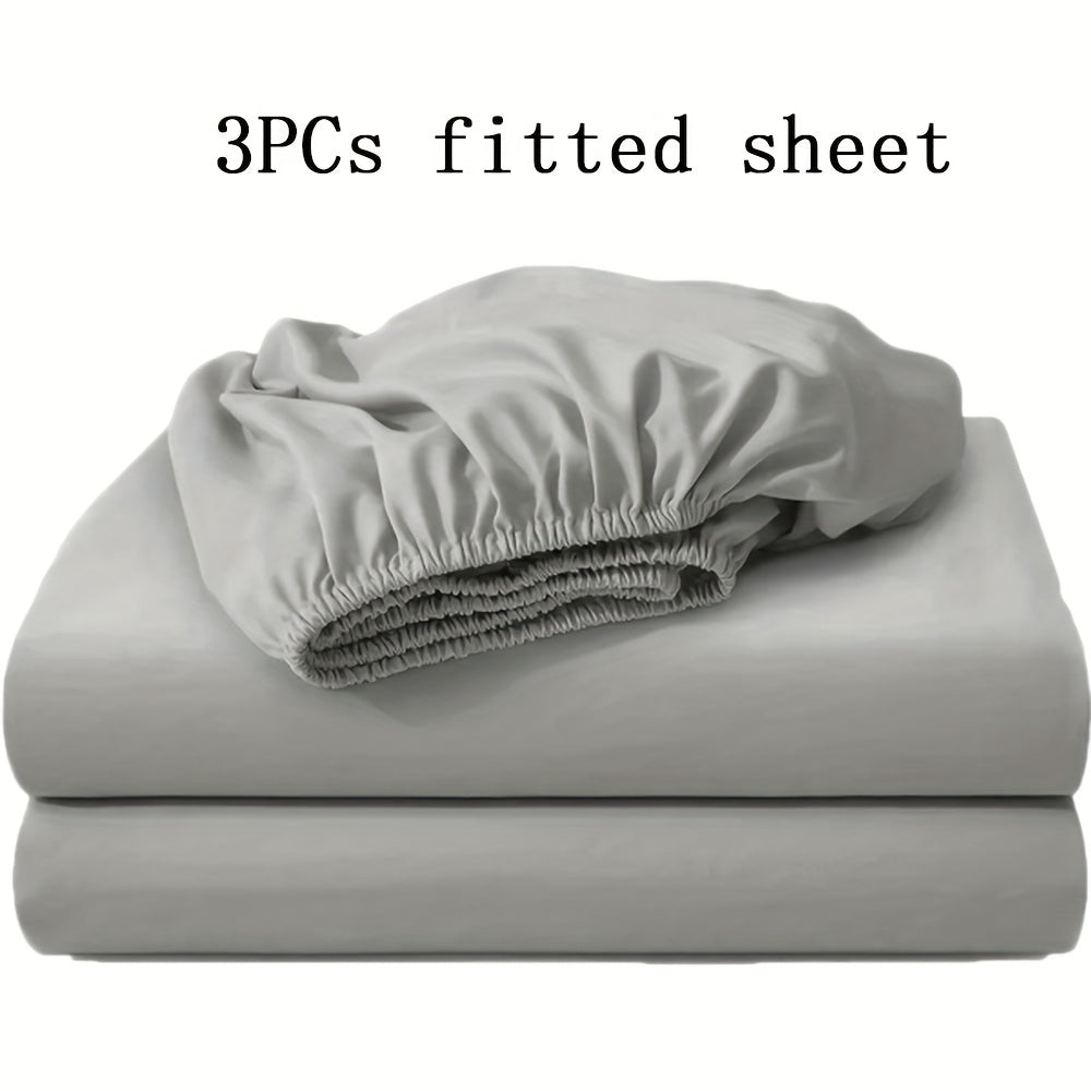 Soft Fitted Bed Sheet Set 3-Piece with 2 Pillowcases – Solid Color Layered Fitted Sheet for Bedroom Guest Room Hotel Mattress Protection