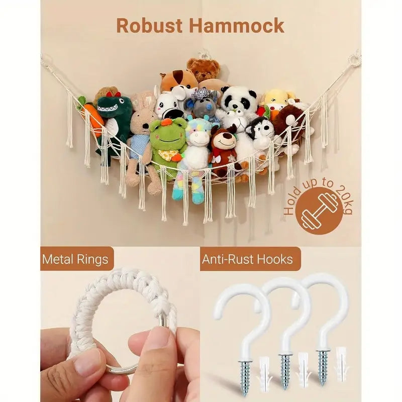 Stuffed Animal Hammock with LED Lights Corner Toy Net Organizer for Kids Bedroom Nursery Plush Toy Storage Hanging Mesh Bag
