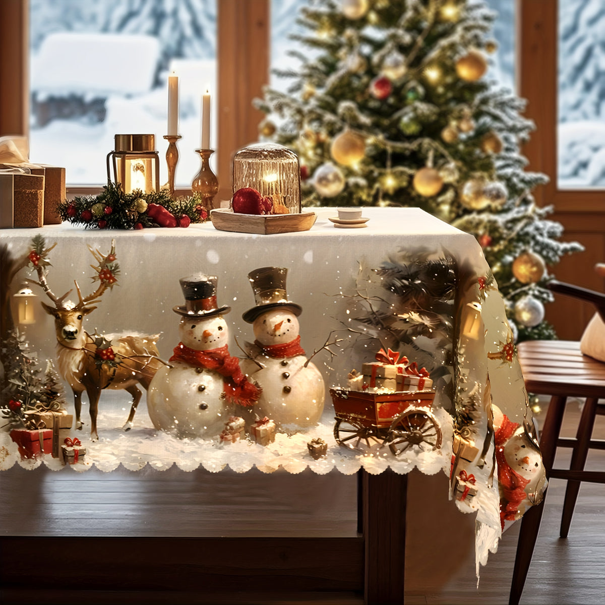 Christmas Tablecloth Vintage Snowman Reindeer & Christmas Tree Red, Durable Polyester Holiday Table Cover for Rectangular Round Oval Tables, Festive Xmas Party Home Restaurant Decoration