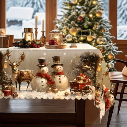Christmas Tablecloth Vintage Snowman Reindeer & Christmas Tree Red, Durable Polyester Holiday Table Cover for Rectangular Round Oval Tables, Festive Xmas Party Home Restaurant Decoration