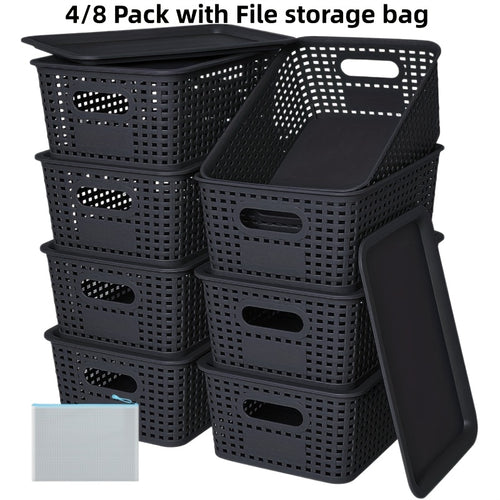 Storage Bins with Lids 4/8pcs Space-Saving Organizer 10"x7"x4" – Shelf Closet Desk Organizer for Dorm Playroom Office, Includes File Organizer Bag, White Black Gray Red