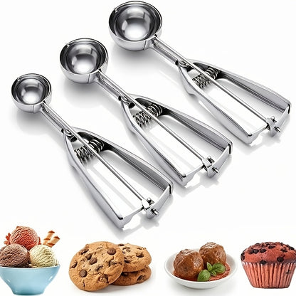 3pcs Stainless Steel Ice Cream Scoop Set Triggered Cookie Scoop Fruit Watermelon Scoop 1/2/3 Tbsp, Dishwasher Safe Baking Tools for DIY Ice Cream Cookie Dough Dessert Restaurants