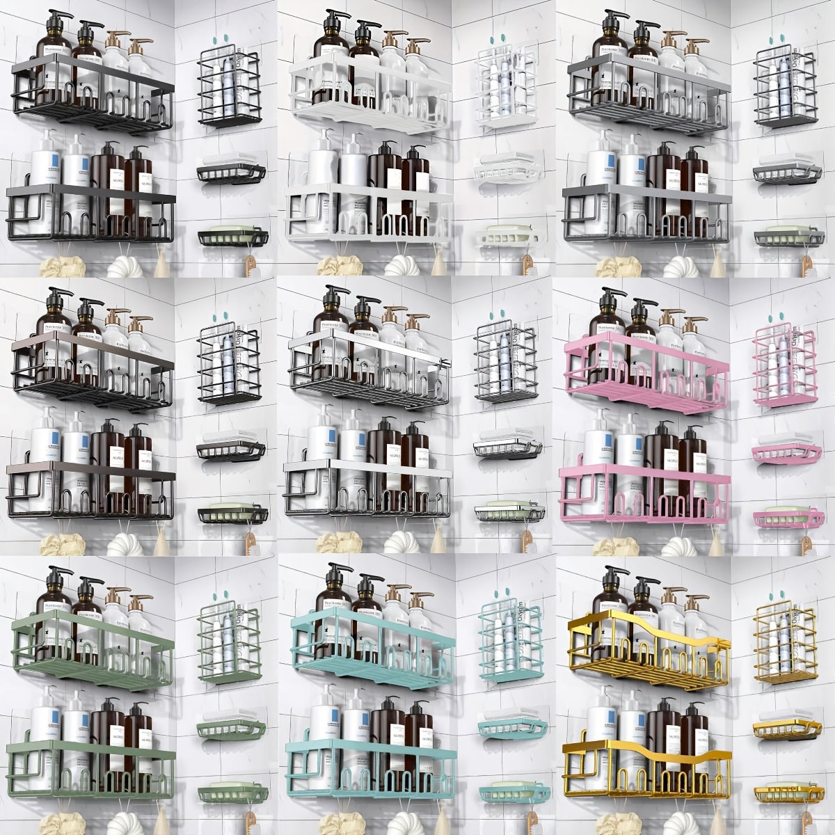 5-Pack Adhesive Shower Caddy Organizer – No Drilling Rustproof Stainless Steel Shower Shelves with Soap Holder, Wall Mounted Bathroom Storage Rack for Renters Family Apartment, Random Colors