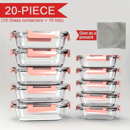Glass Food Storage Containers 20-Piece Set 10 Containers + 10 Airtight Lids Stackable Meal Prep Containers, Oven Microwave Refrigerator & Dishwasher Safe – Space-Saving Kitchen Organization