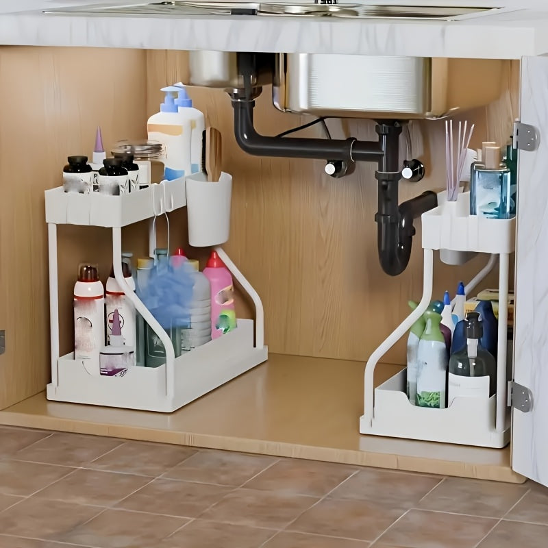 Under Sink Organizer 2 Pack Pull Out Sliding Shelf – Durable Cabinet Organizer with Sliding Drawers for Bathroom Kitchen Space-Saving Storage Solution – Black White Sleek Design
