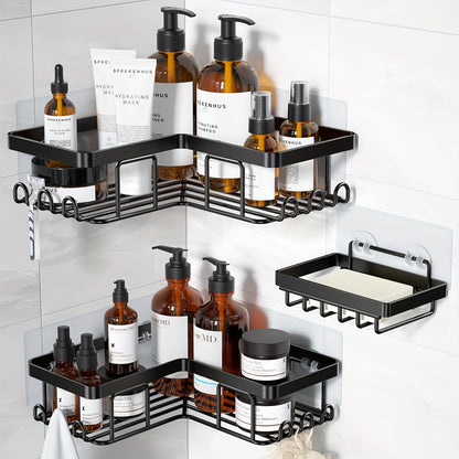 Corner Adhesive Shower Caddy 3 Pack – No Drill Wall Mounted Shower Organizer with Soap Holder & 12 Hooks, Rustproof Stainless Steel Bathroom Shelf, 8 Colors